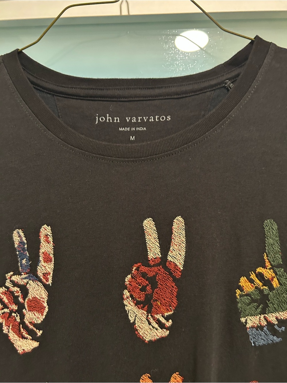 John Varvatos Black Short-Sleeve Tee with Multicolor Embroidered Peace Signs